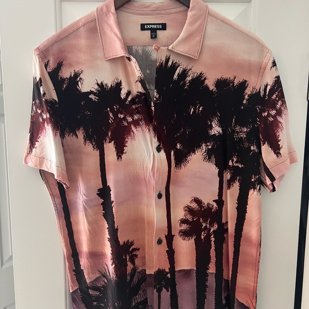 Price Drop! Express short sleeve button down , mountains and palm trees.